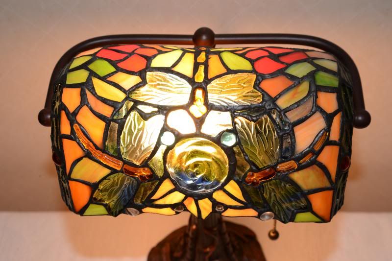 Stained Glass Tiffany Style Jeweled Dragonfly Banker's Lamp Table Desk Lamp