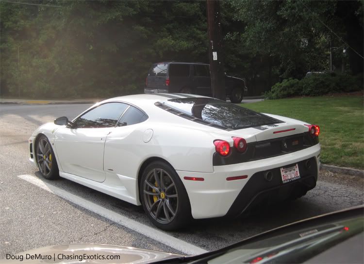 white Ferrari 430 Scuderia on Virginia temporary plates on West Paces at
