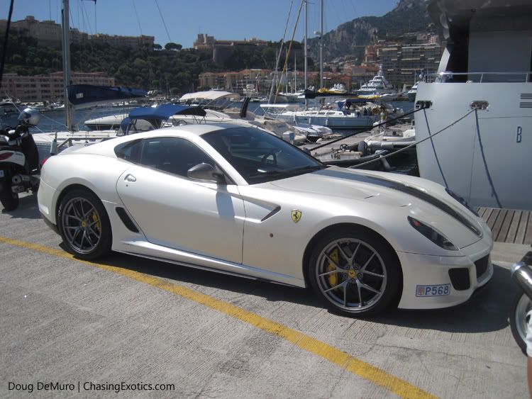 white Ferrari 599 GTO on Monaco plates