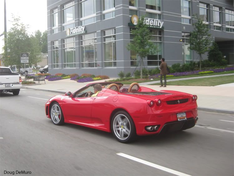 red Ferrari F430 Spider on South Carolina plates on Peachtree near Piedmont