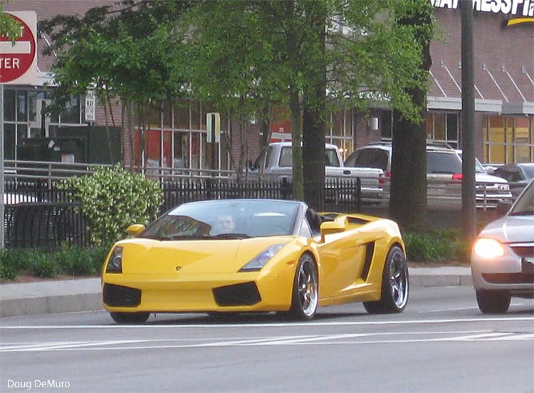 yellow Lamborghini Gallardo Spyder on temporary plates on Peachtree