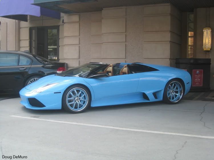 blue Lamborghini Murcielago LP640 Roadster at Phipps Plaza valet