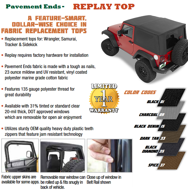 Pavement Ends by Bestop 51131-35 Black Diamond Replay Replacement Soft Top Clear Windows w//Upper Door Skins for 1997-2006 Jeep Wrangler
